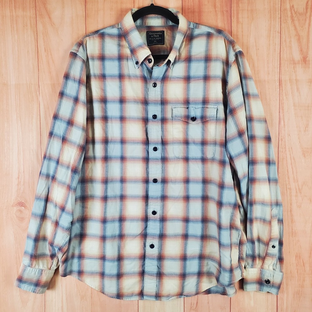 Abercrombie & Fitch Mens Flannel Shirt Sz 2XL Blue Plaid Cotton Button Down